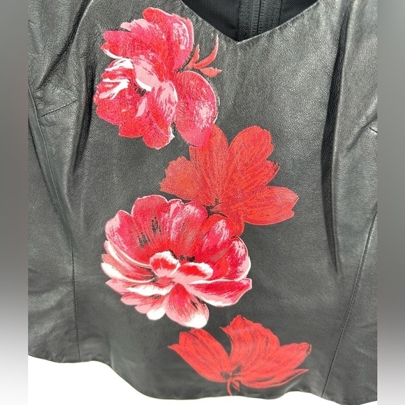 Shape FX Leather Vest Size 12 Floral Print Biker Corset Slimming Black Crop Goth - Picture 2 of 8